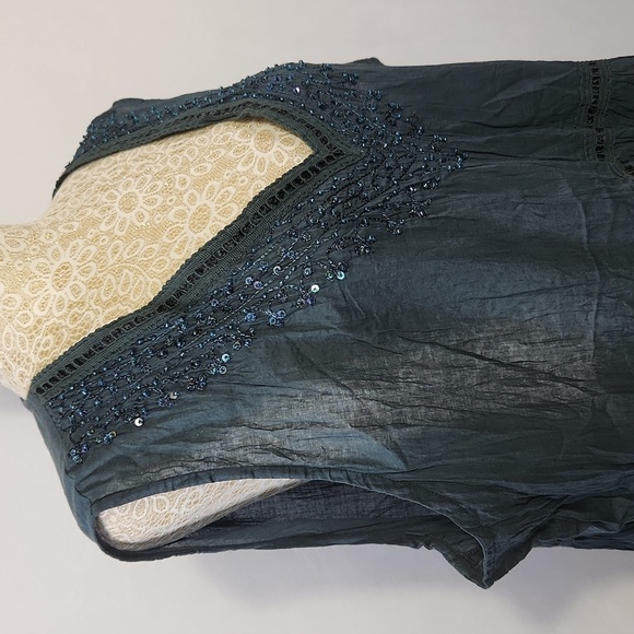 Greater Good Network Women's Hunter Green Sequin Beaded Crinkle Fabric Top 3XL - Picture 5 of 14